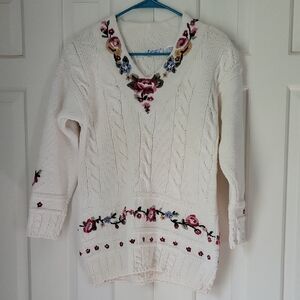 Vintage Cableknit Rose Embroidery V Neck Sweater Sz Mp Cottagecore Romantic